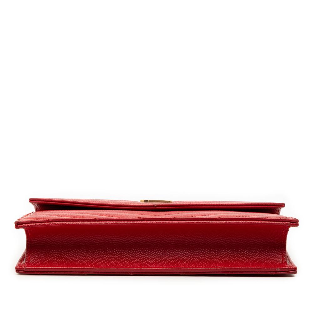 Saint Laurent B Saint Laurent Red Calf Leather Grain De Poudre Matelasse Chevron Monogram Chain Wallet Italy