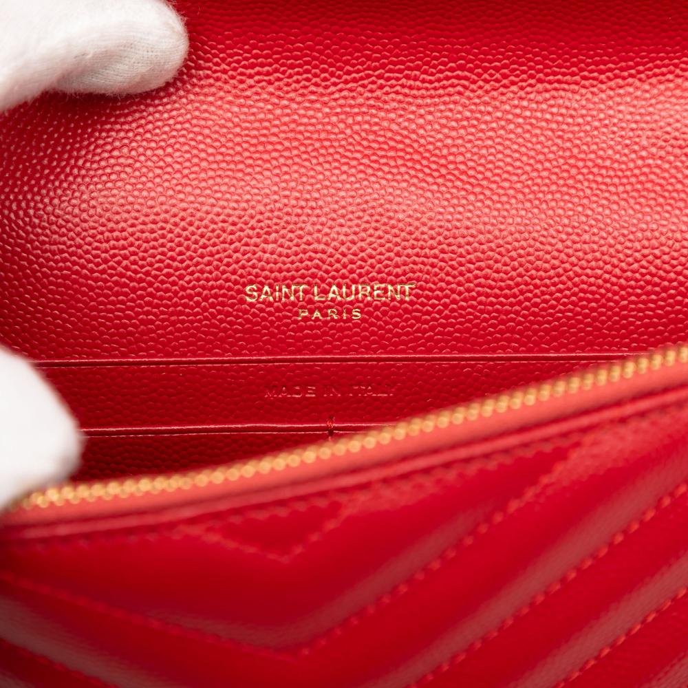 Saint Laurent B Saint Laurent Red Calf Leather Grain De Poudre Matelasse Chevron Monogram Chain Wallet Italy