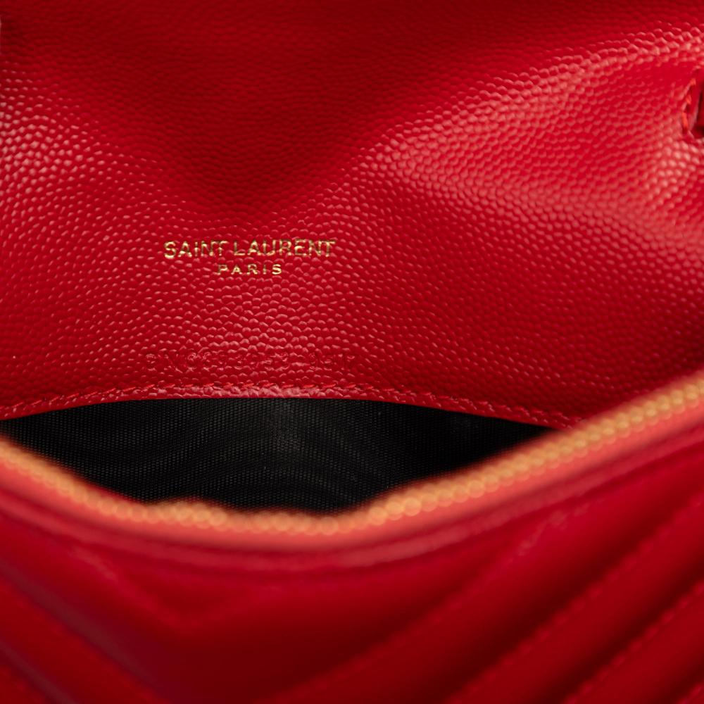 Saint Laurent B Saint Laurent Red Calf Leather Grain De Poudre Matelasse Chevron Monogram Chain Wallet Italy