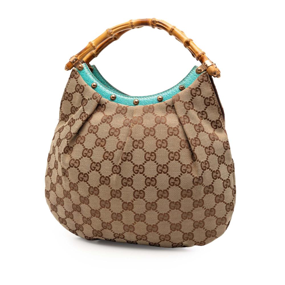 Gucci B Gucci Brown Beige Canvas Fabric Studded GG Bamboo Hobo Italy
