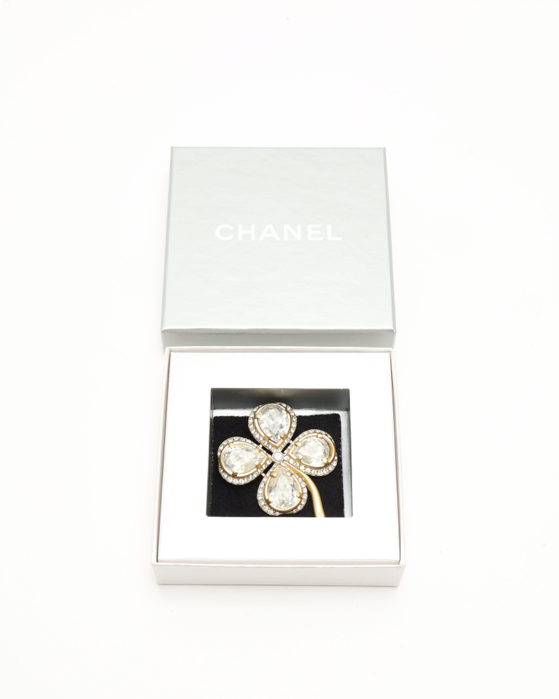 Chanel Crystal Gold Clover Brooch