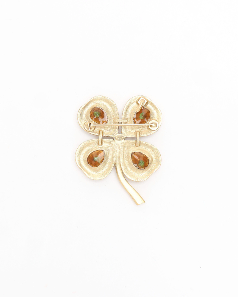 Chanel Crystal Gold Clover Brooch