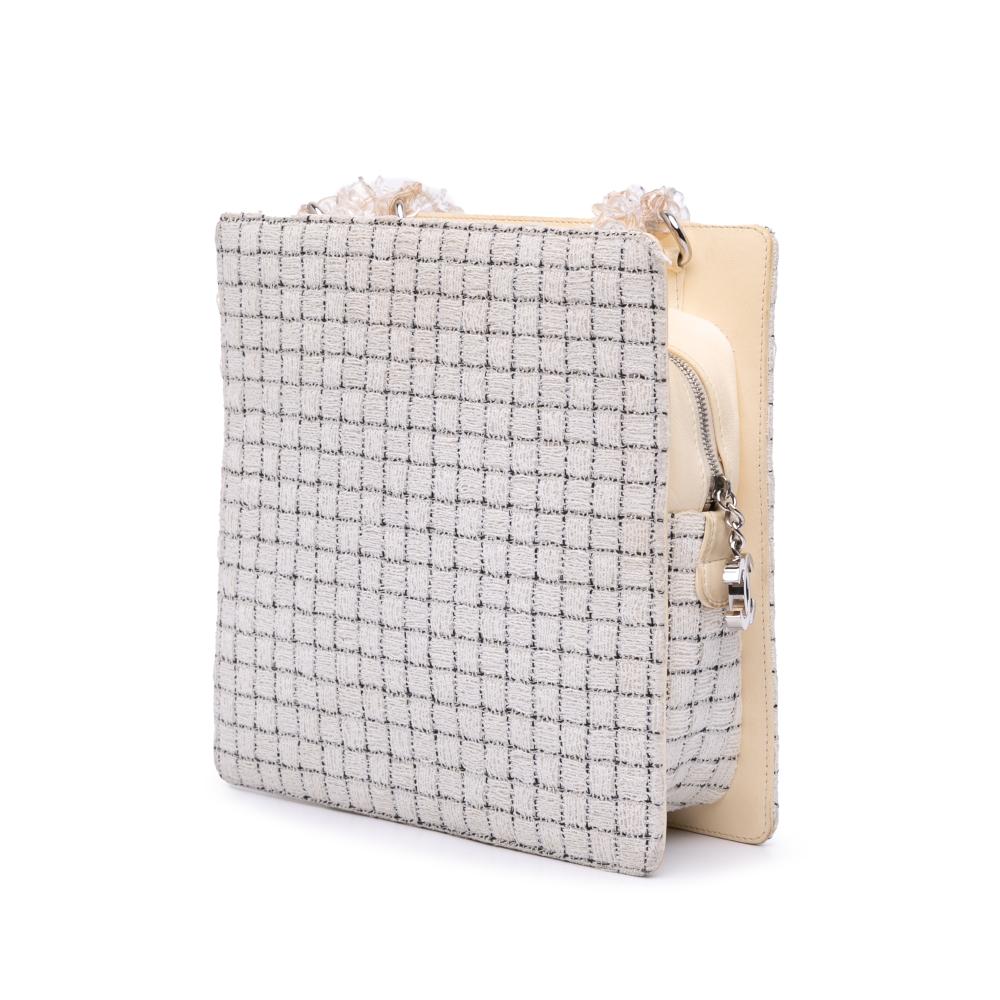 Chanel B Chanel White Ivory with Brown Light Beige Tweed Fabric and Resin Zipped Shopping Bag France