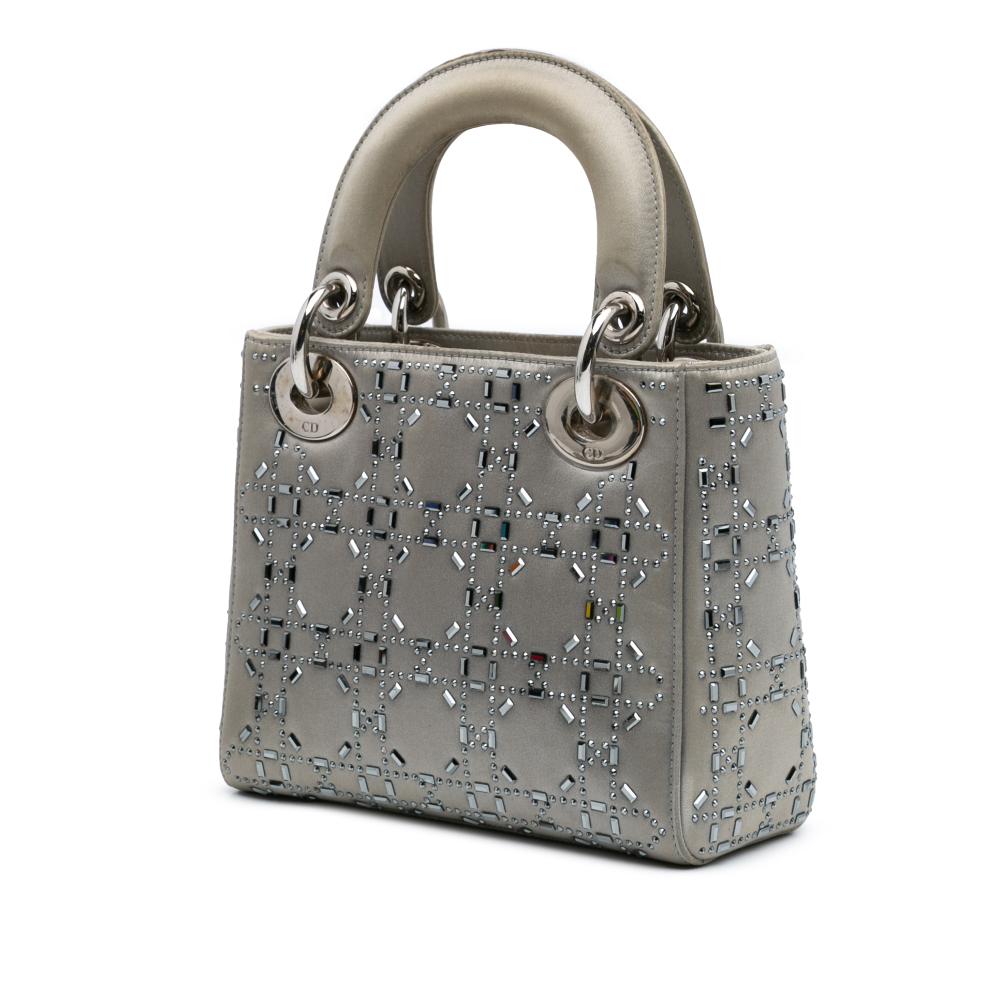 Christian Dior B Dior Gray Satin Fabric Mini Cannage Strass Crystal Embellished Lady Dior Italy