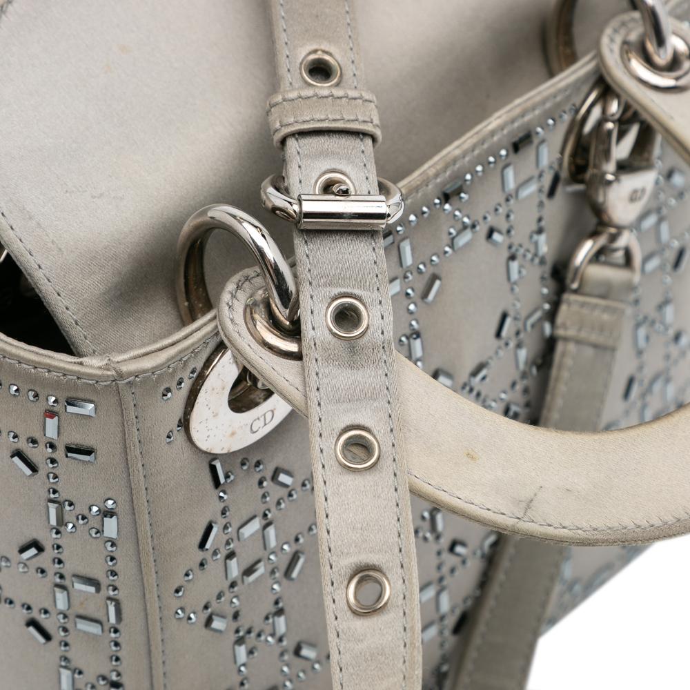 Christian Dior B Dior Gray Satin Fabric Mini Cannage Strass Crystal Embellished Lady Dior Italy