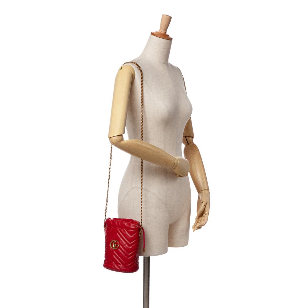Gucci AB Gucci Red Calf Leather Small GG Marmont Matelasse Bucket Bag Italy
