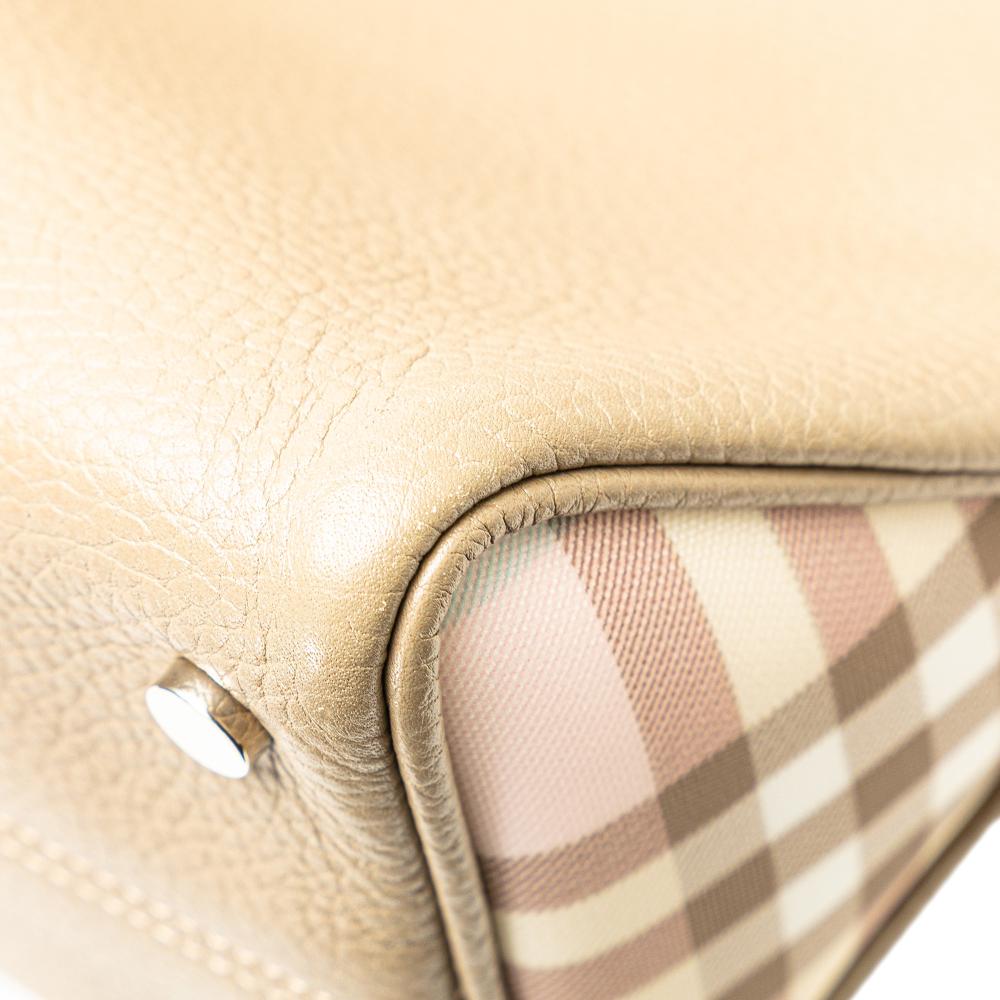 Burberry B Burberry Brown Beige Calf Leather House Check Trimmed Grainy skin Horn Toggle Tote Italy