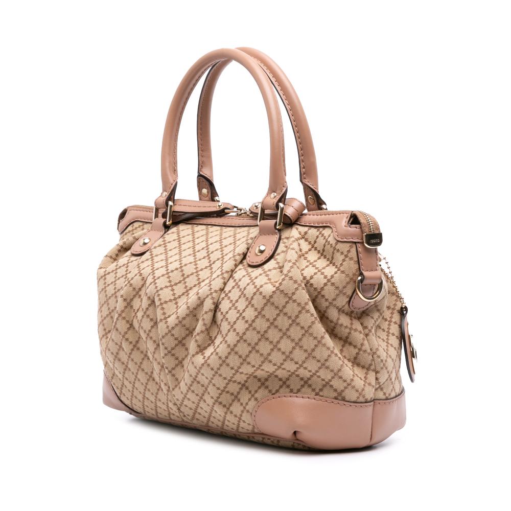 Gucci B Gucci Brown Beige Canvas Fabric Diamante Sukey Satchel Italy