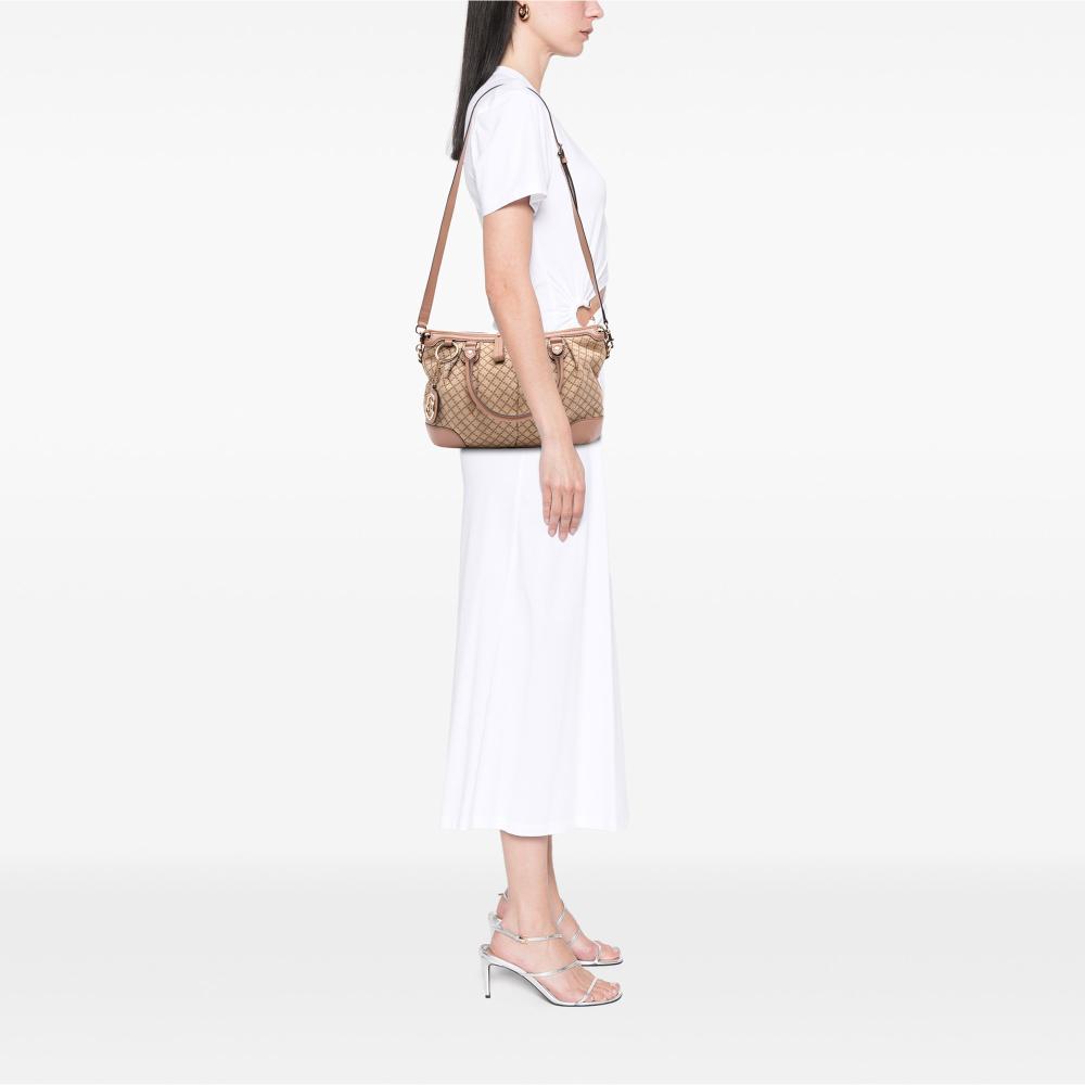 Gucci B Gucci Brown Beige Canvas Fabric Diamante Sukey Satchel Italy