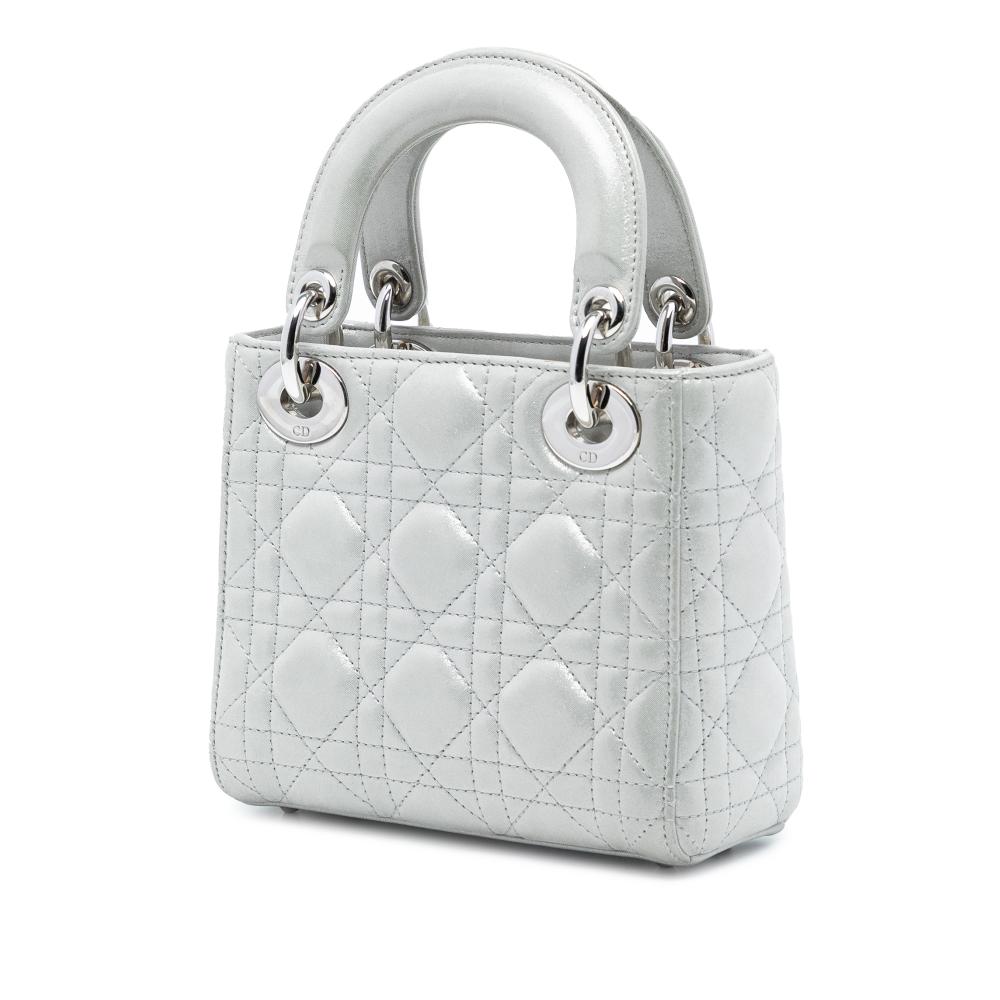 Christian Dior B Dior Silver Lambskin Leather Leather Mini Iridescent Lambskin Cannage Lady Dior Italy