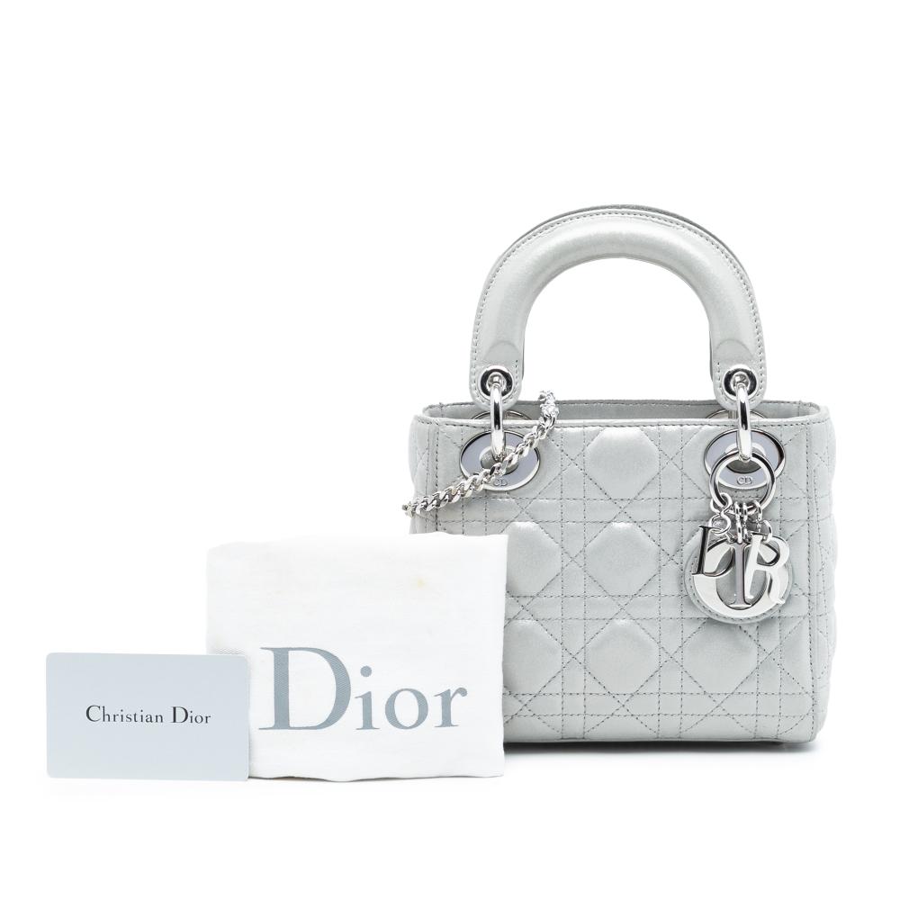 Christian Dior B Dior Silver Lambskin Leather Leather Mini Iridescent Lambskin Cannage Lady Dior Italy
