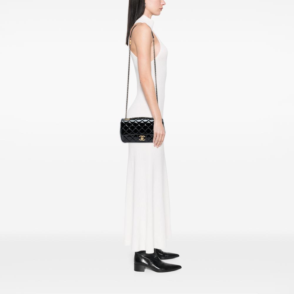 Chanel B Chanel Black Patent Leather Leather Paris Salzburg Medium Patent Goatskin CC Eyelet Flap Italy