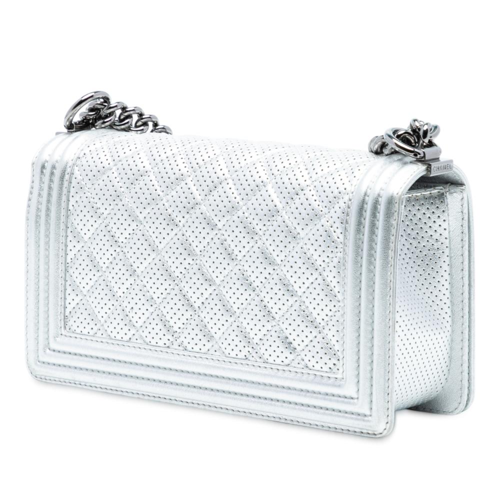 Chanel Silver Old Medium Quilted Perforated Metallic Lambskin Boy Flap Italy