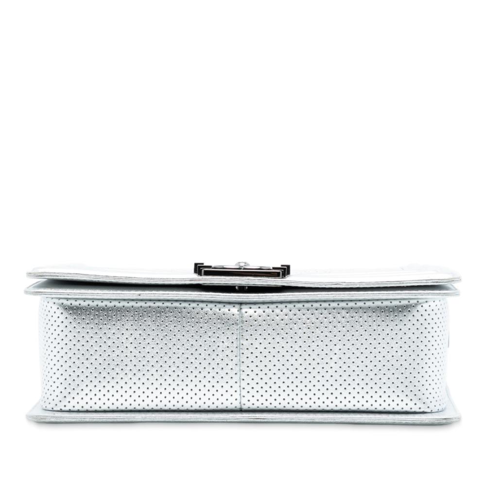 Chanel Silver Old Medium Quilted Perforated Metallic Lambskin Boy Flap Italy