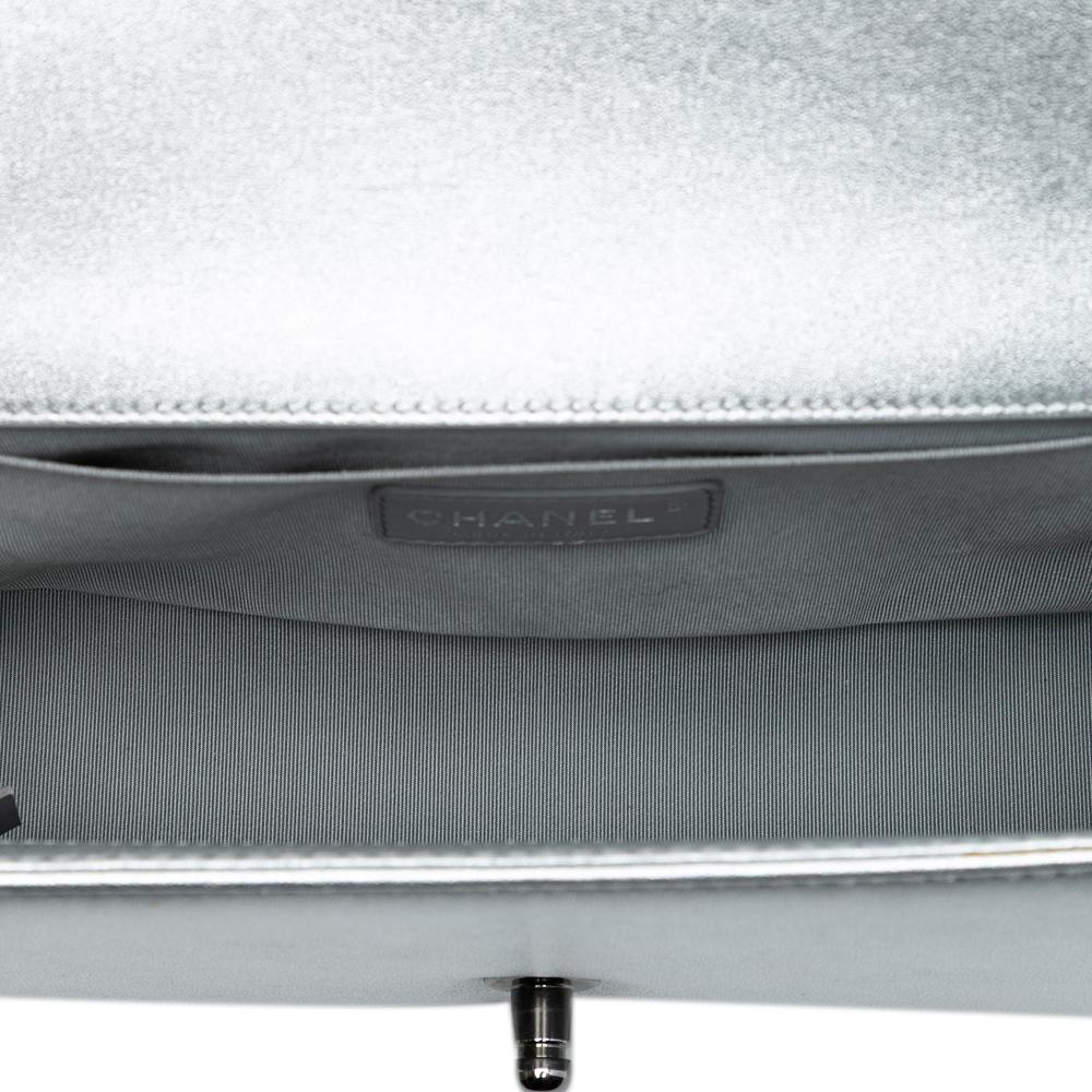 Chanel Silver Old Medium Quilted Perforated Metallic Lambskin Boy Flap Italy