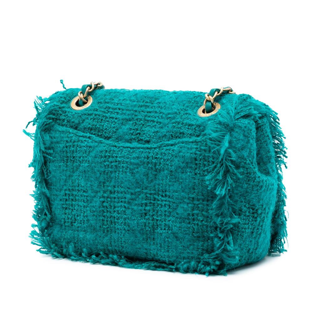 Chanel AB Chanel Blue Peacock with Green Tweed Fabric Small Wool Giant Logo Flap Italy