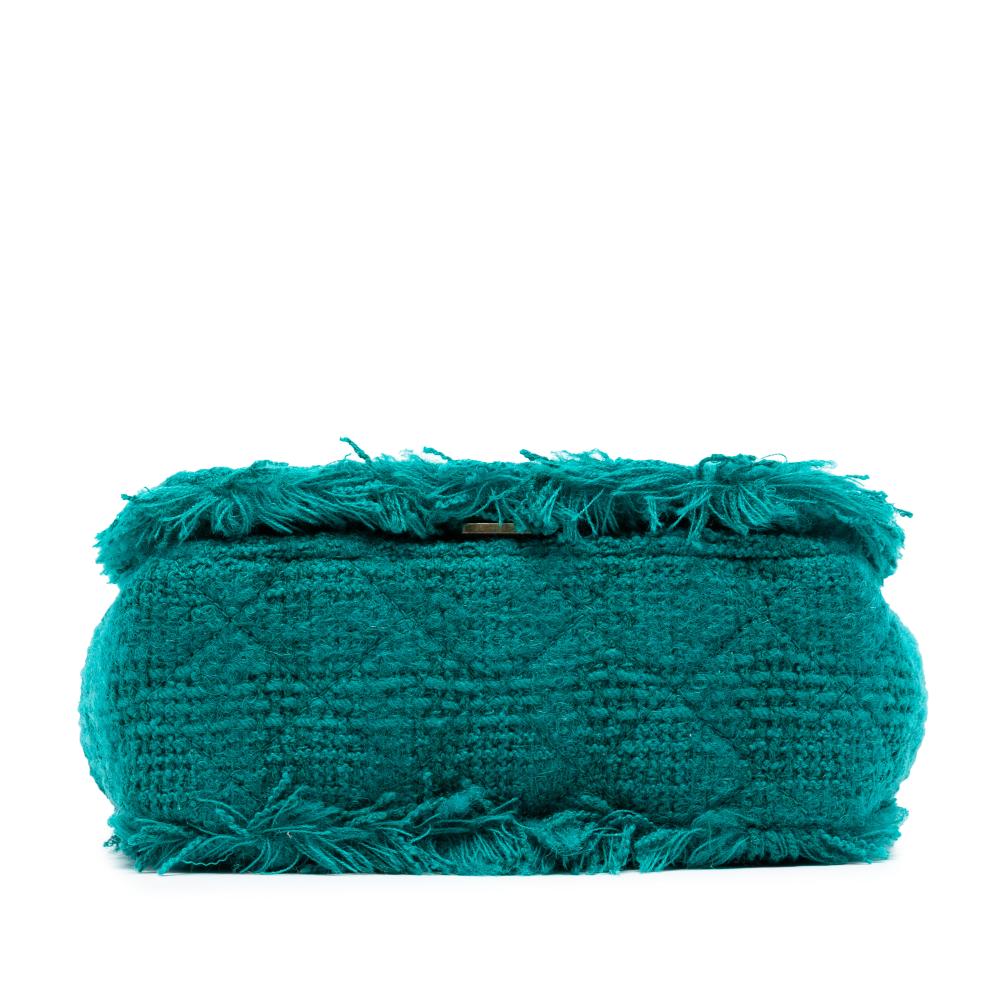 Chanel AB Chanel Blue Peacock with Green Tweed Fabric Small Wool Giant Logo Flap Italy