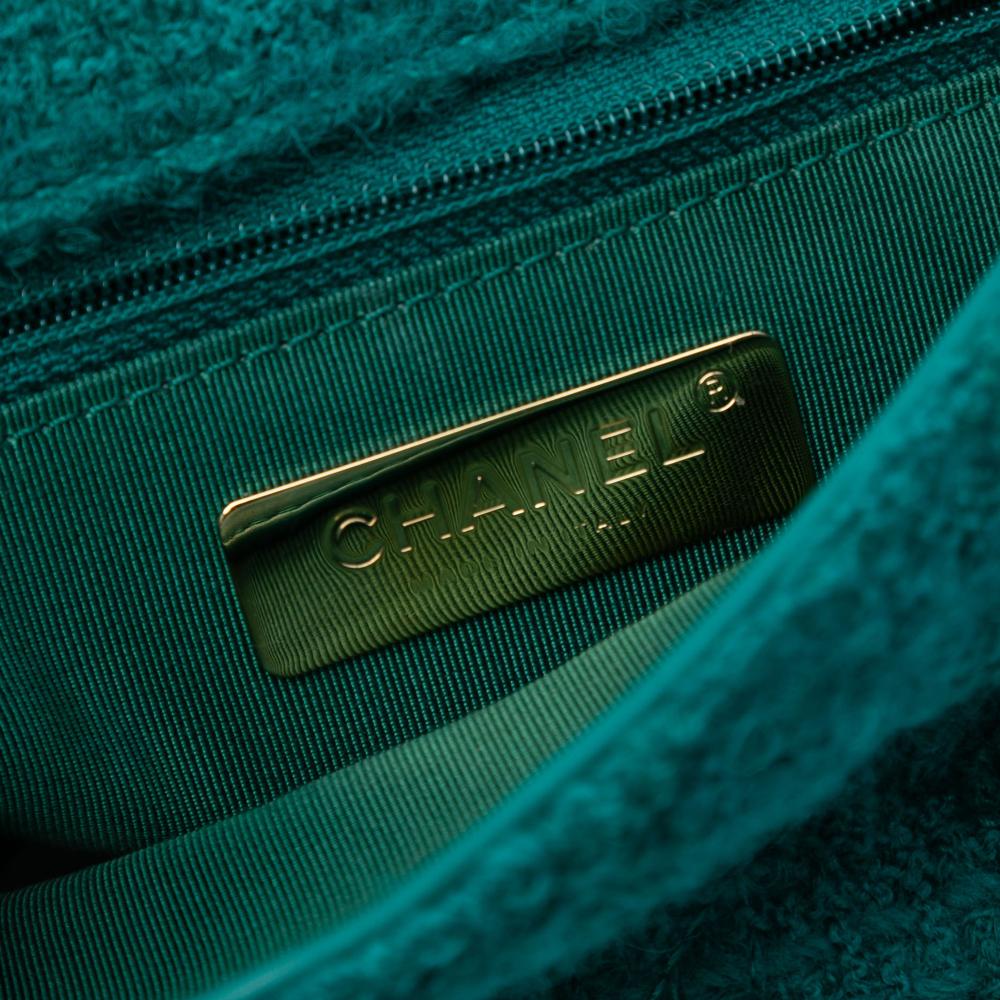 Chanel AB Chanel Blue Peacock with Green Tweed Fabric Small Wool Giant Logo Flap Italy