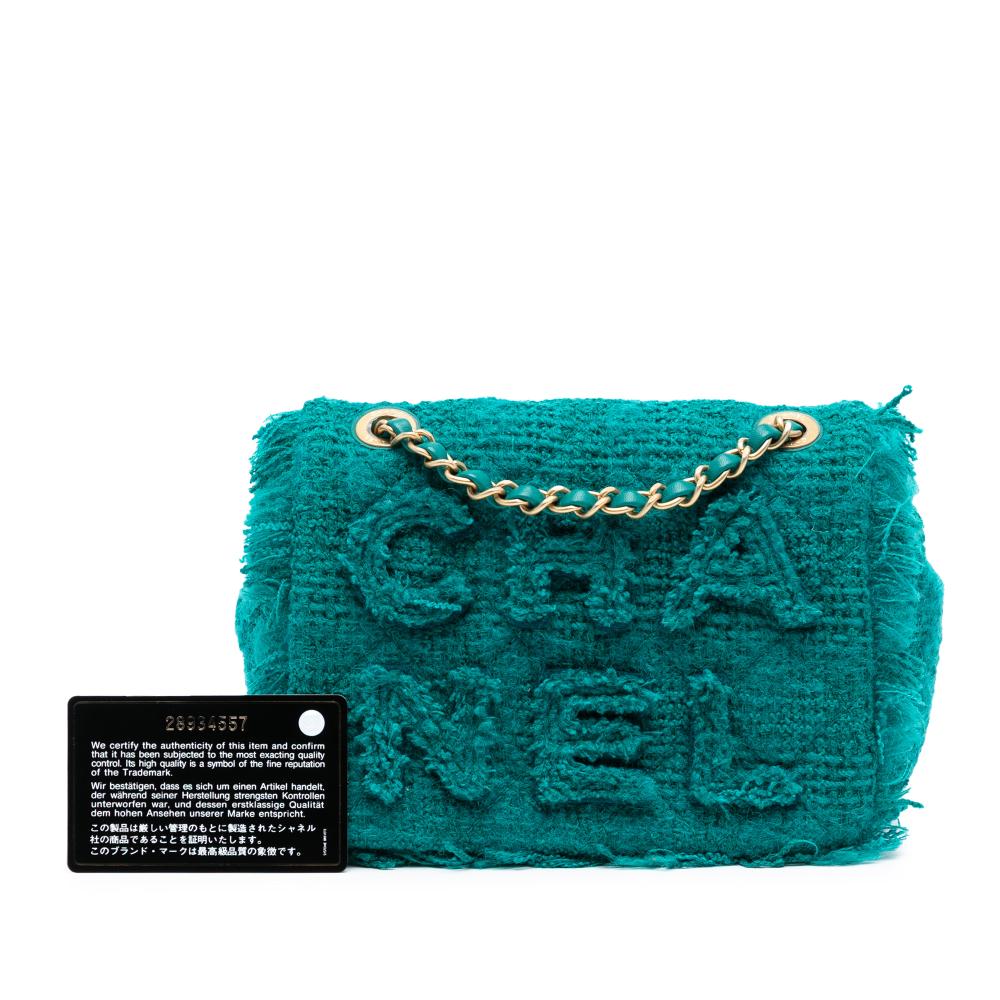 Chanel AB Chanel Blue Peacock with Green Tweed Fabric Small Wool Giant Logo Flap Italy