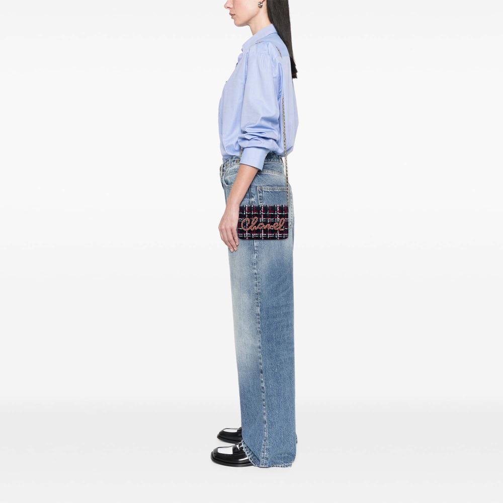 Chanel AB Chanel Blue Navy Tweed Fabric Written in Chain Logo Wallet on Chain Italy