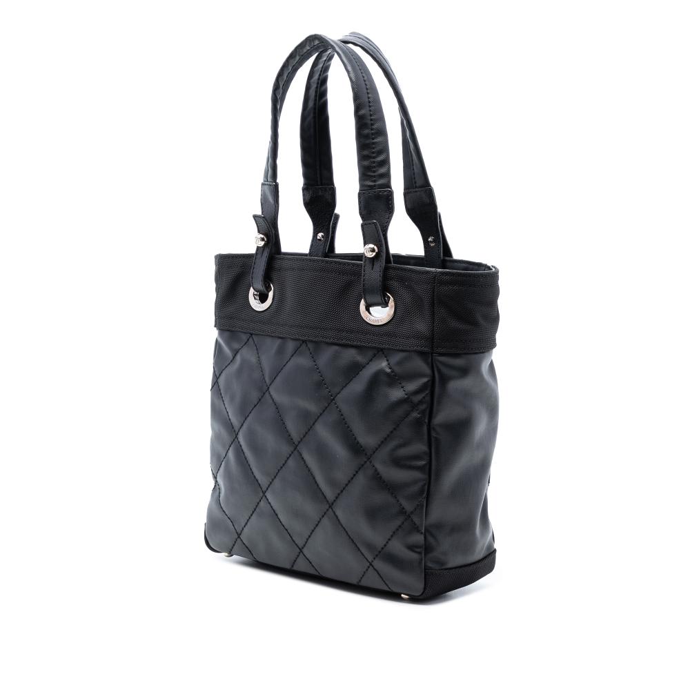 Chanel B Chanel Black Coated Canvas Fabric Small Quilted Paris Biarritz Tote Italy
