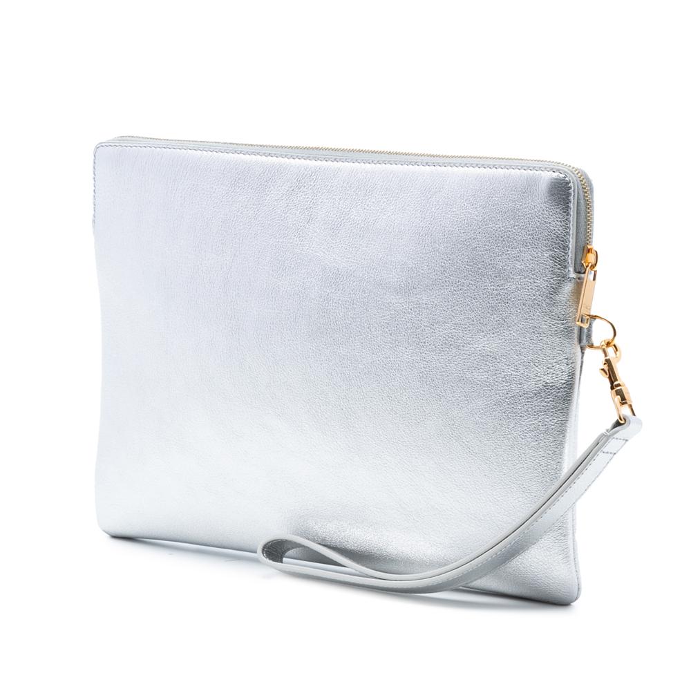 Celine AB Celine Silver Calf Leather Metallic skin Cuir Triomphe Zip Pouch Italy