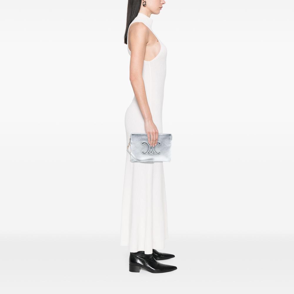 Celine AB Celine Silver Calf Leather Metallic skin Cuir Triomphe Zip Pouch Italy