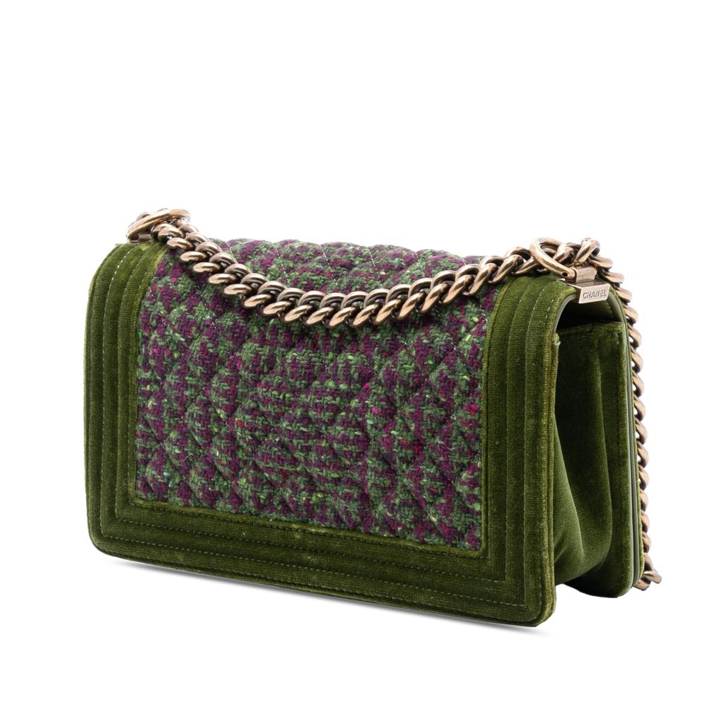 Chanel B Chanel Green Olive Green Tweed Fabric Old Medium and Velvet Boy Flap Italy