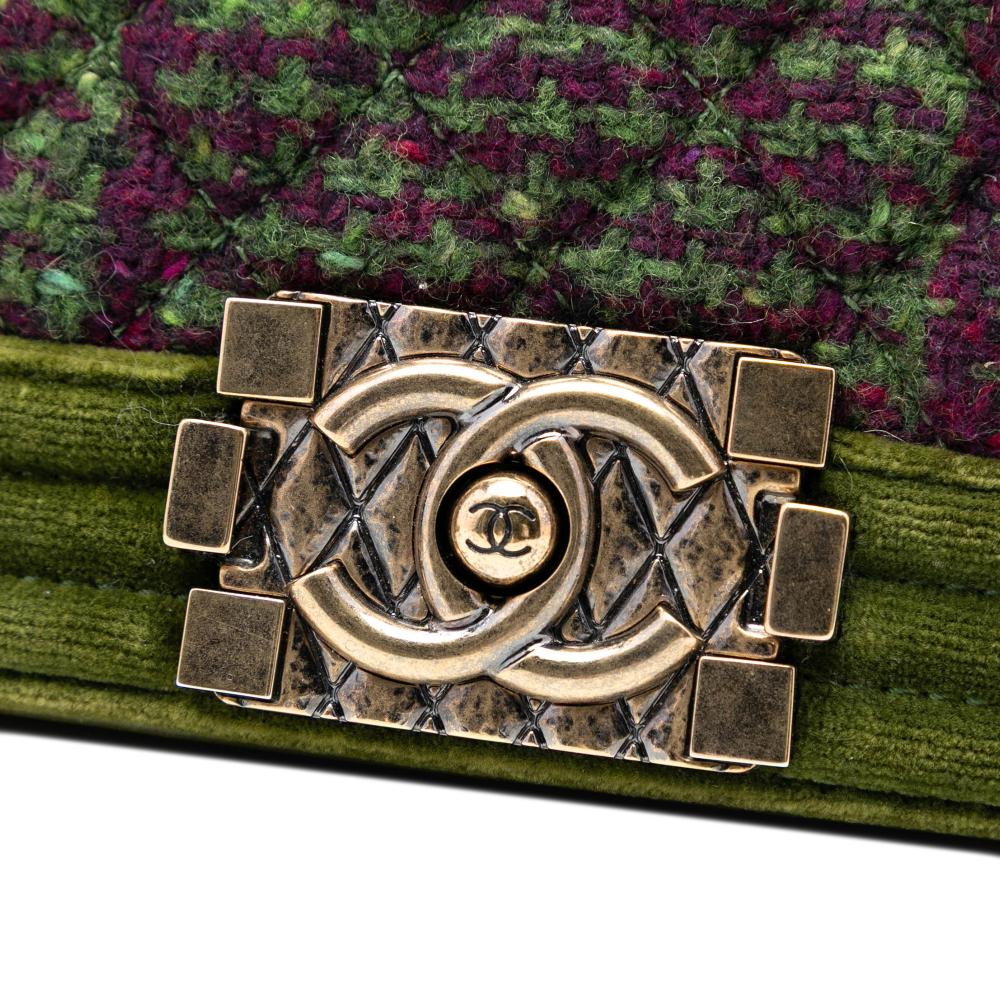 Chanel B Chanel Green Olive Green Tweed Fabric Old Medium and Velvet Boy Flap Italy