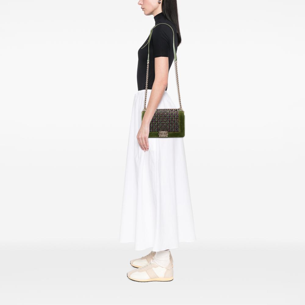 Chanel B Chanel Green Olive Green Tweed Fabric Old Medium and Velvet Boy Flap Italy