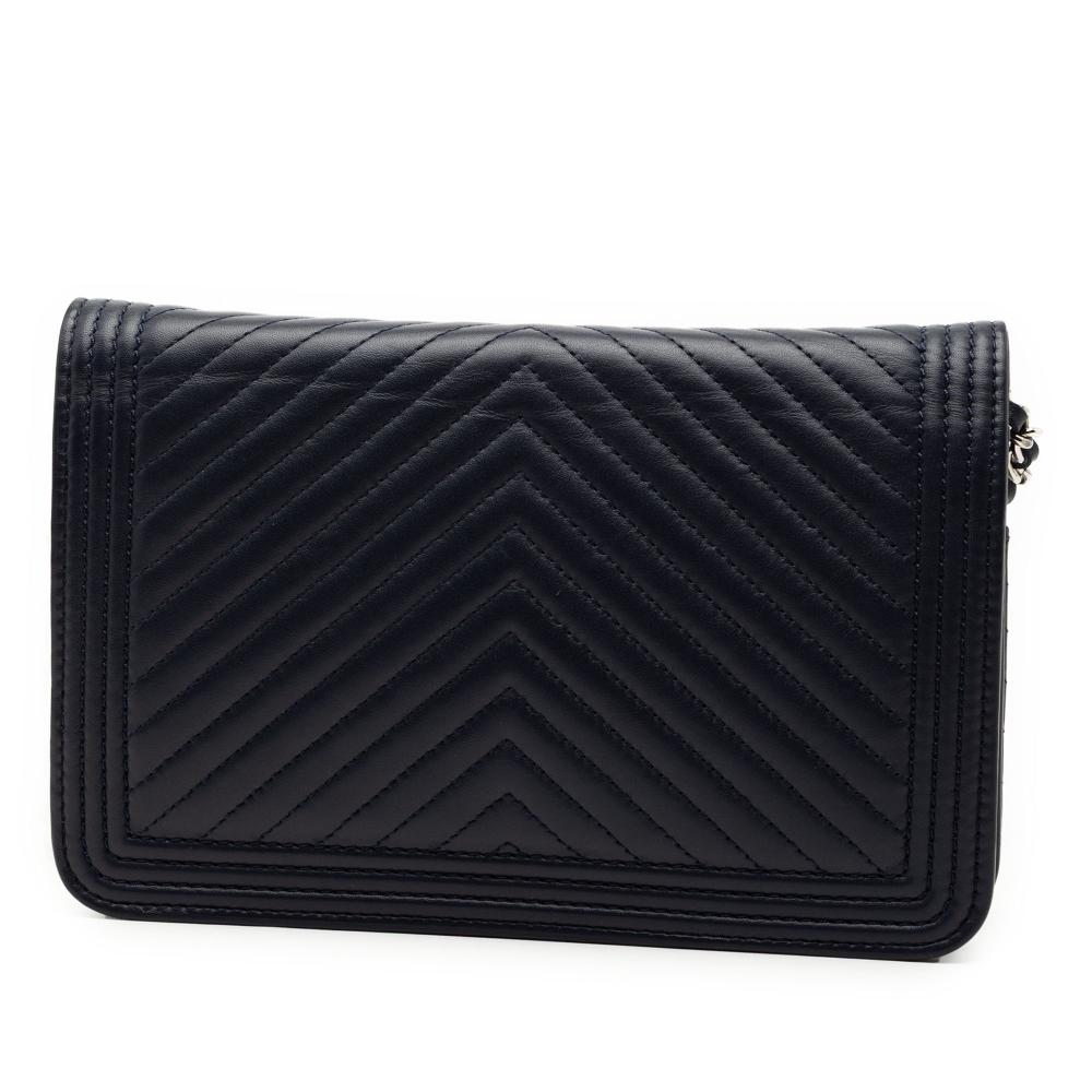 Chanel AB Chanel Blue Navy Lambskin Leather Leather Chevron Lambskin Boy Wallet on Chain Italy
