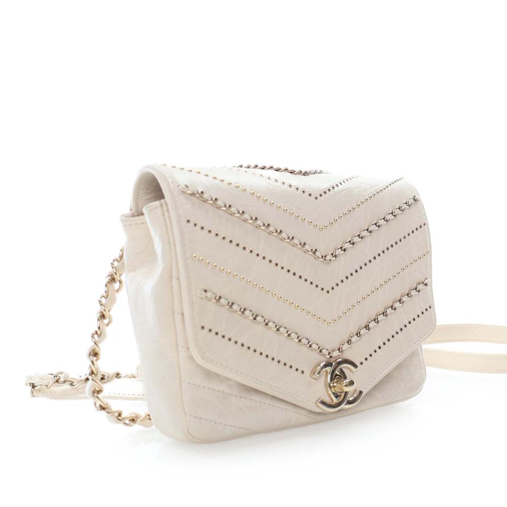 Chanel AB Chanel White Ivory Calf Leather Mini Chevron Crinkled skin Embellished Envelope Flap Italy