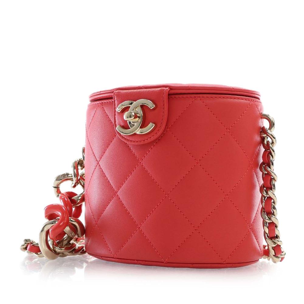 Chanel Red Small Quilted Lambskin Resin Elegant Chain Tubular Vanity Case France