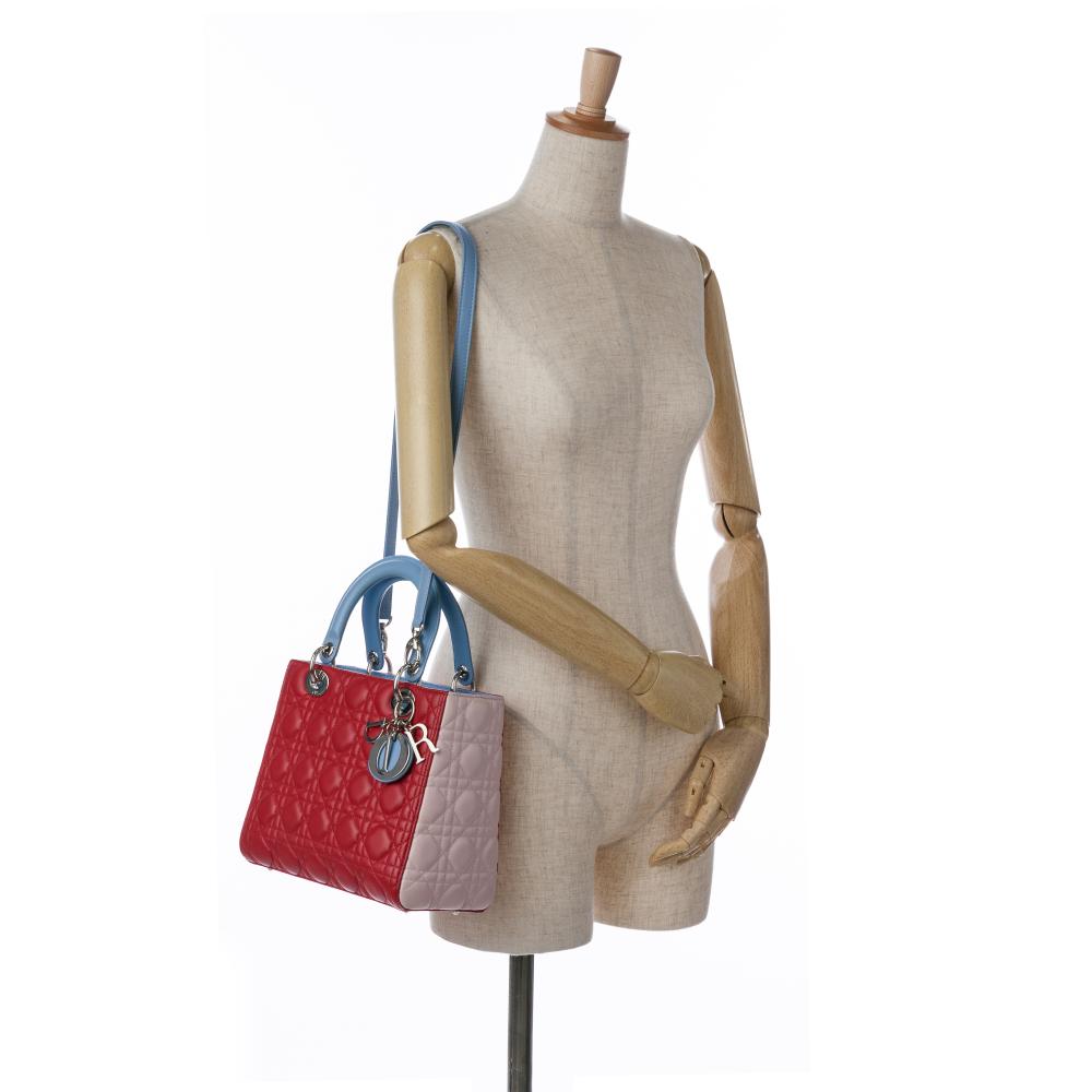 Christian Dior B Dior Red Lambskin Leather Leather Medium Tricolor Lambskin Cannage Lady Dior Italy