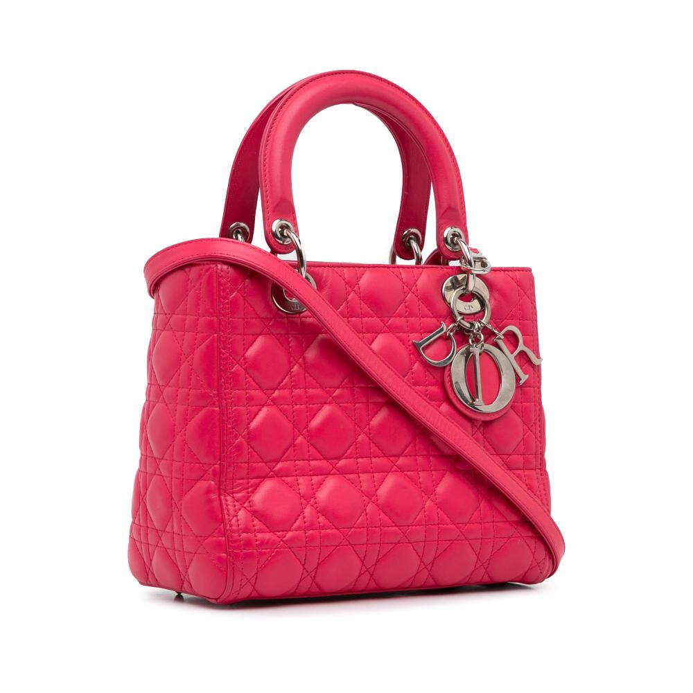 Christian Dior B Dior Pink Hot Pink Lambskin Leather Leather Medium Lambskin Cannage Lady Dior Italy