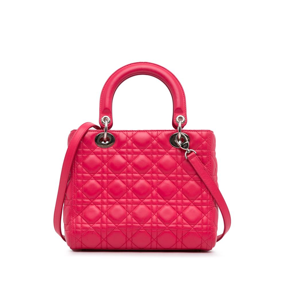 Christian Dior B Dior Pink Hot Pink Lambskin Leather Leather Medium Lambskin Cannage Lady Dior Italy