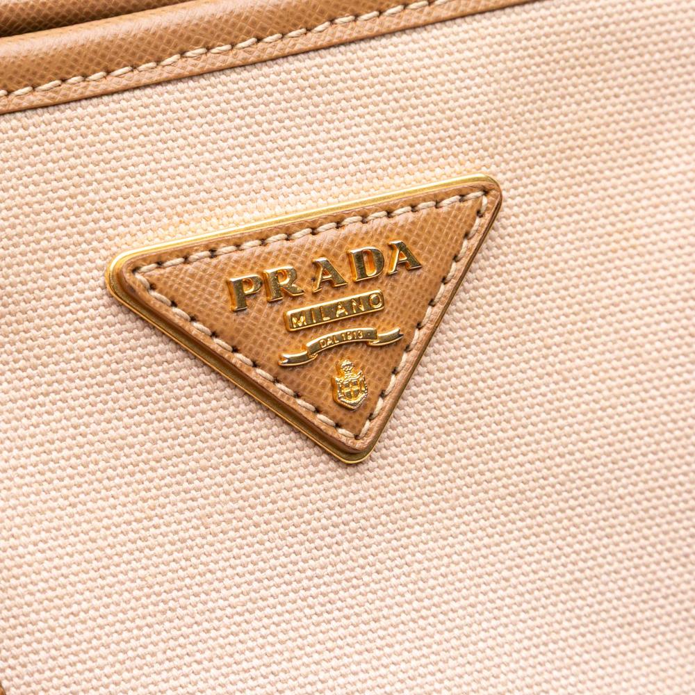 Prada B Prada Brown Beige Canvas Fabric Saffiano Trimmed Canapa Satchel Italy