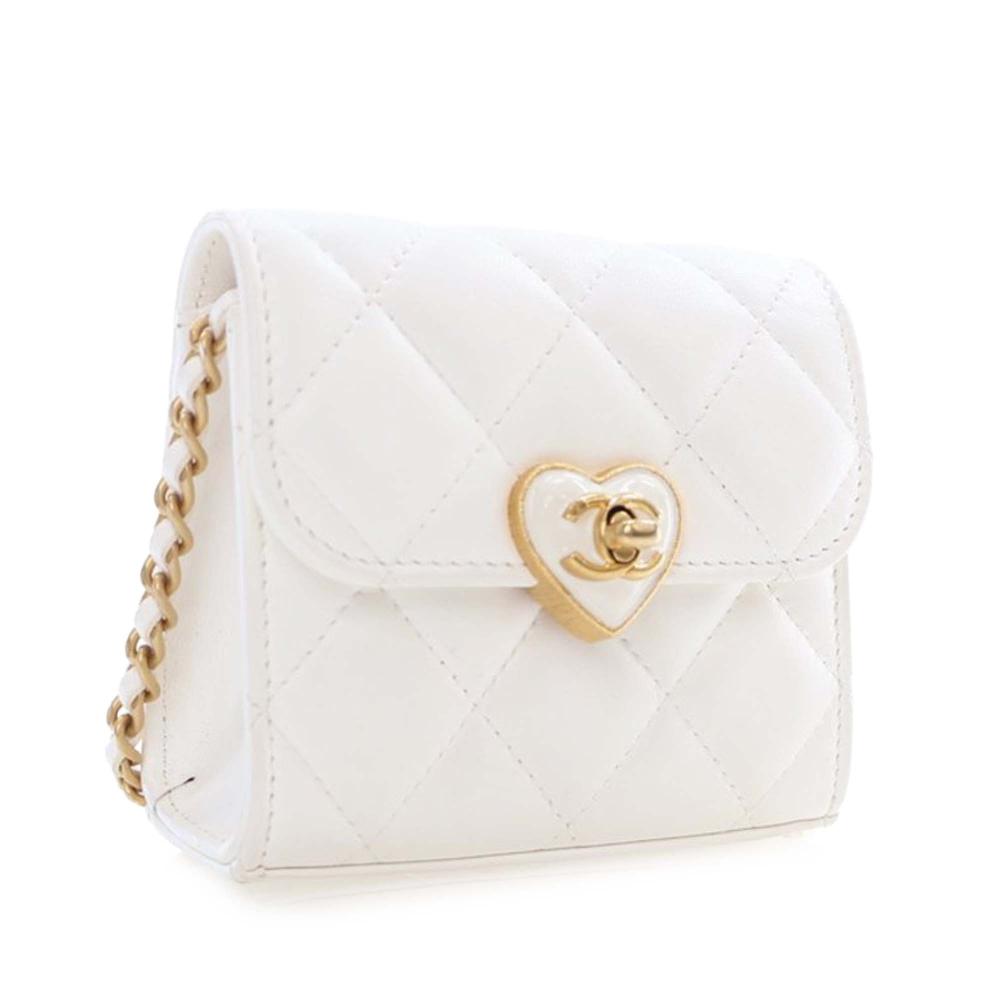 Chanel White Lambskin Leather Leather Mini Quilted Lambskin CC Enamel Heart Clutch With Chain Italy