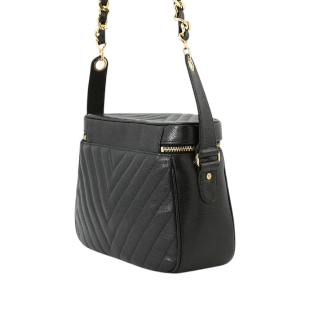Chanel B Chanel Black Caviar Leather Leather CC Chevron Caviar Vanity Case with Chain Italy