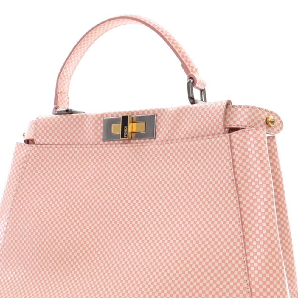 Fendi B Fendi Pink Calf Leather Medium Checkered Sequin Peekaboo Iconic Satchel Italy