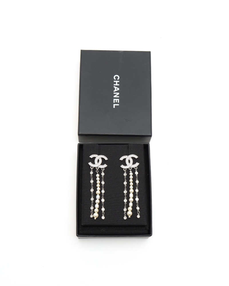 Chanel Coco Mark Dangling Rhinestone and Pearl Earrings