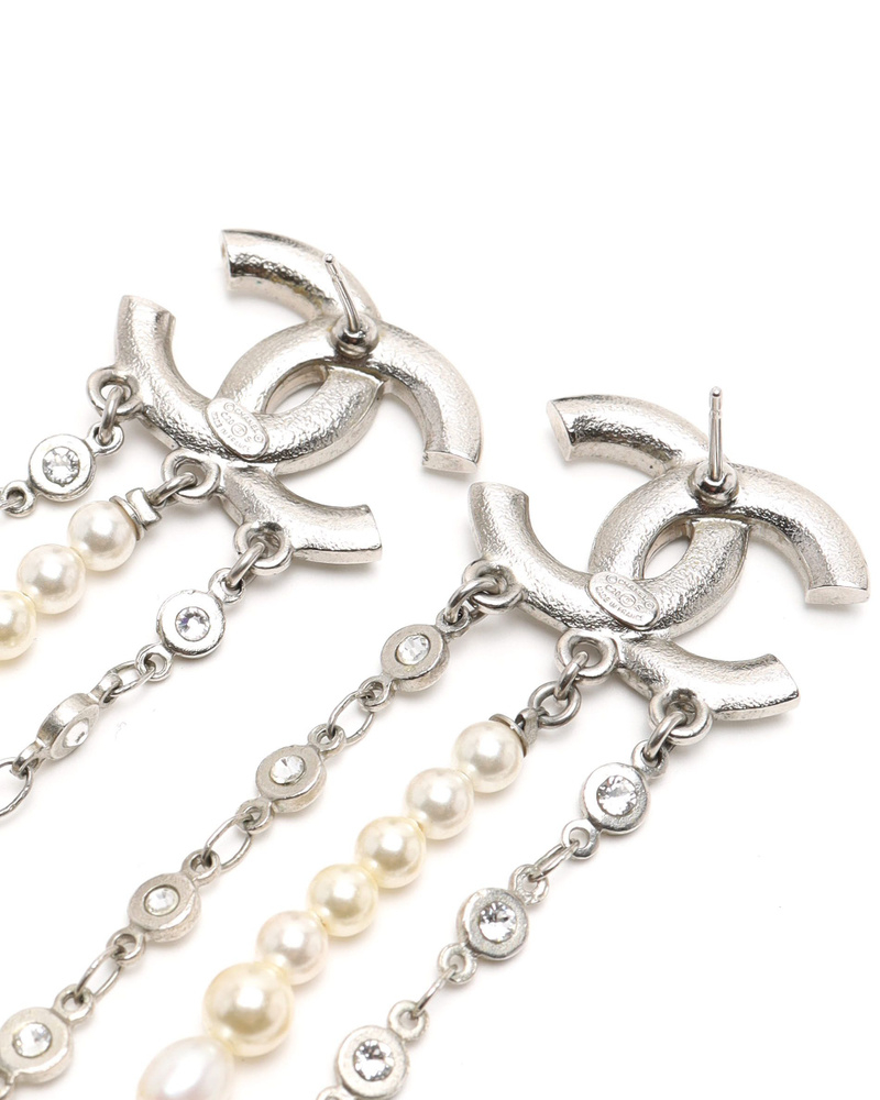 Chanel Coco Mark Dangling Rhinestone and Pearl Earrings