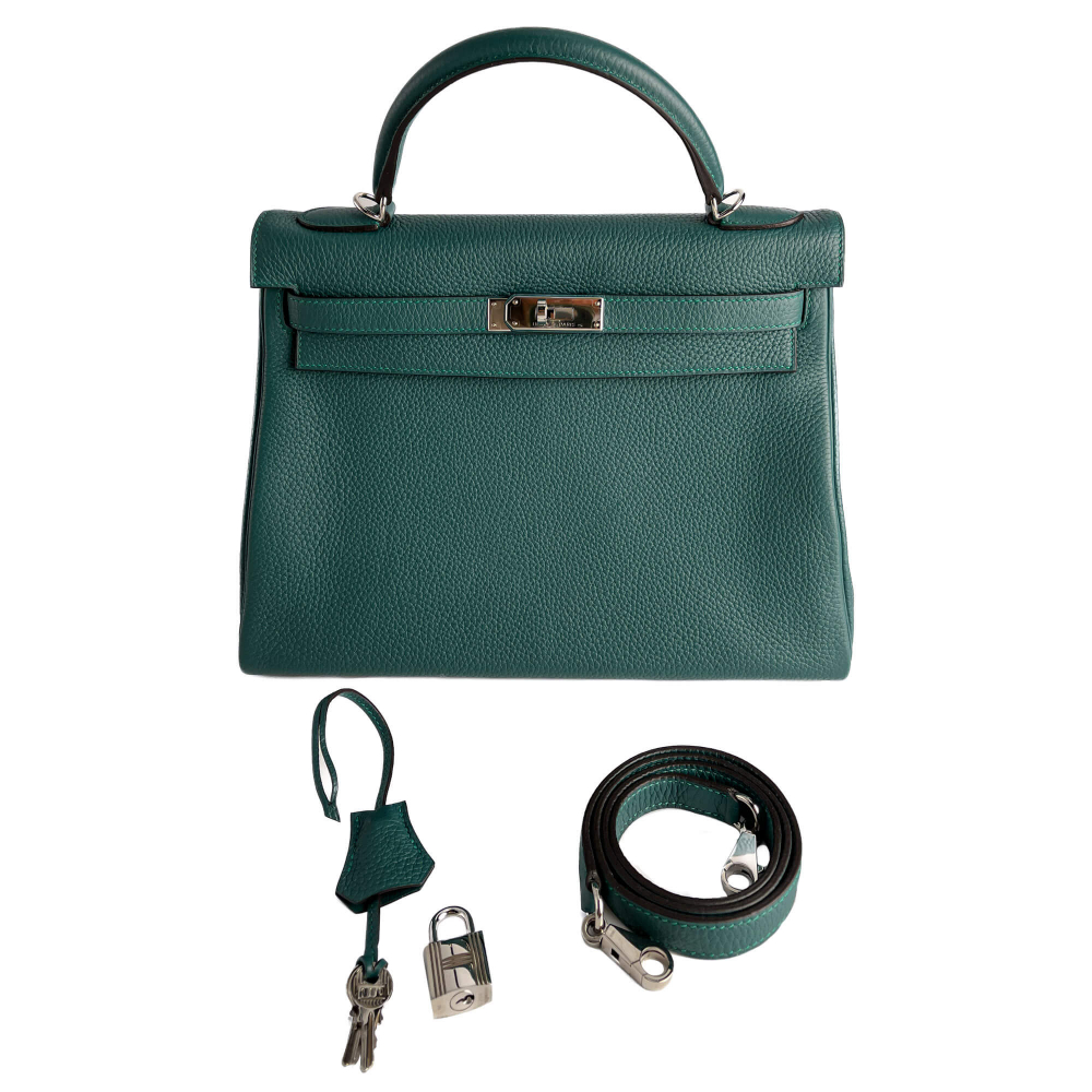 Hermès Kelly 32 Taurillon Clemence Leather Top-Handle Handbag Malachite