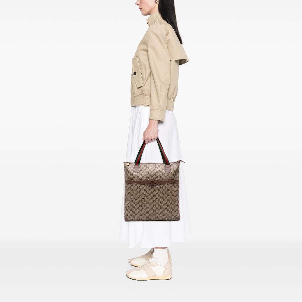Gucci B Gucci Brown Beige Coated Canvas Fabric GG Supreme Web Tote Italy