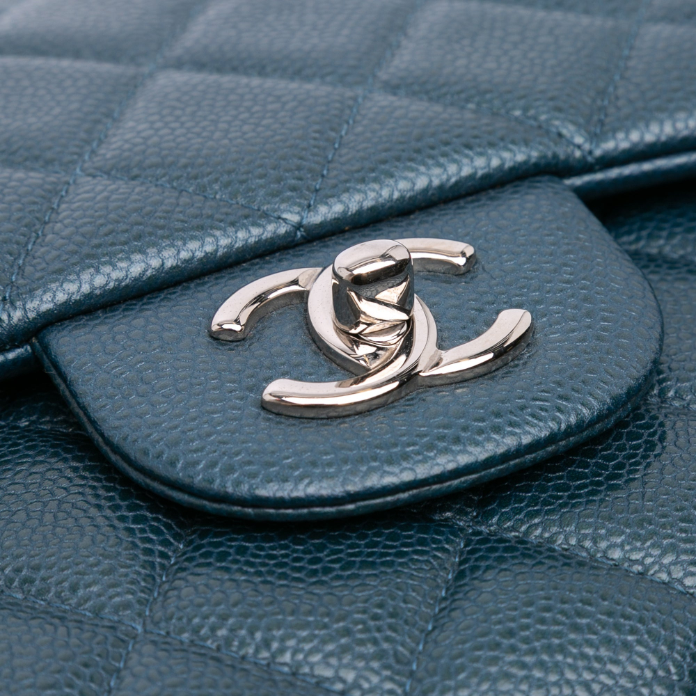 Chanel Classic Double Flap Jumbo Matelassè Caviar Leather Flap Handbag Blue