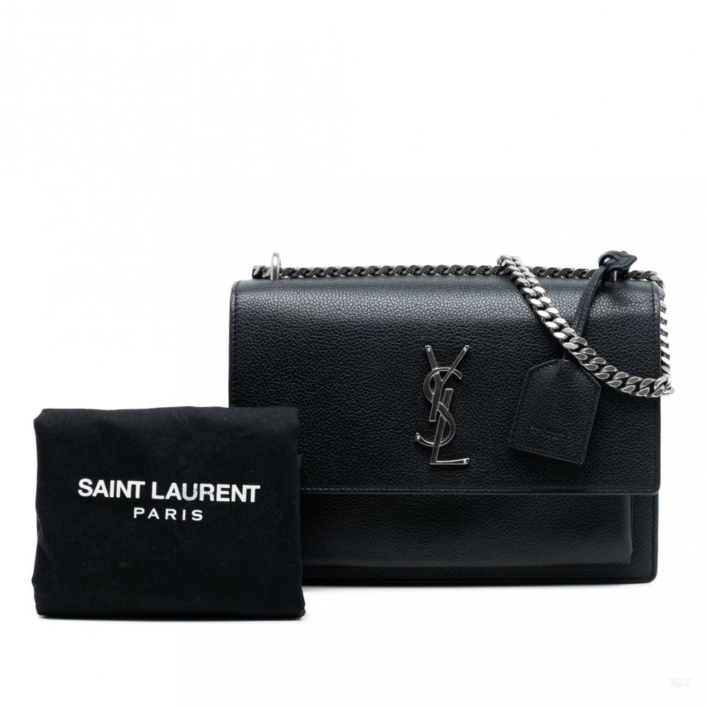 Saint Laurent Sunset Grained Calfskin Leather Flap Crossbody Black