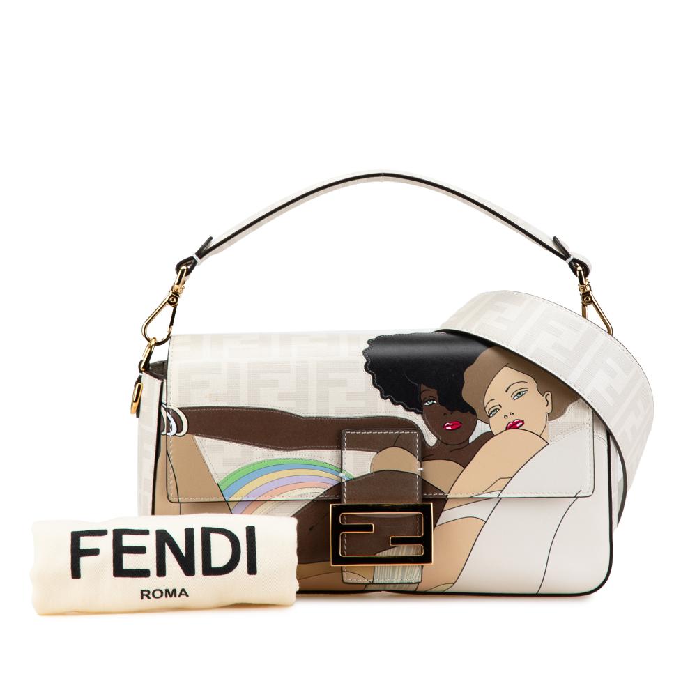 Fendi B Fendi White Coated Canvas Fabric Zucca Graphic Print Bikini Girls Baguette Satchel Italy