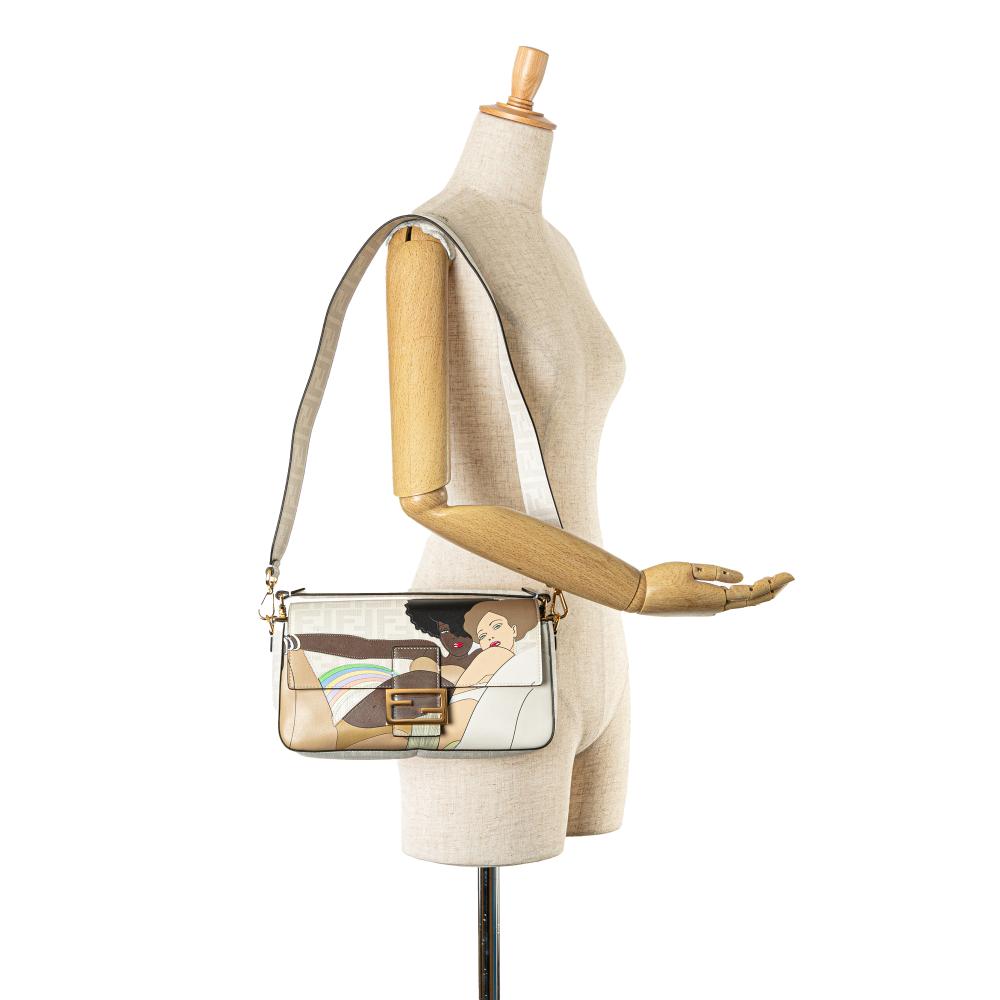 Fendi B Fendi White Coated Canvas Fabric Zucca Graphic Print Bikini Girls Baguette Satchel Italy