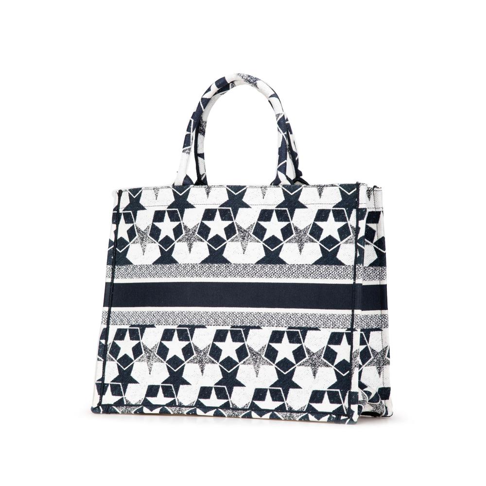 Christian Dior AB Dior Blue Navy Canvas Fabric Large Embroidered Lucky Star Book Tote Italy