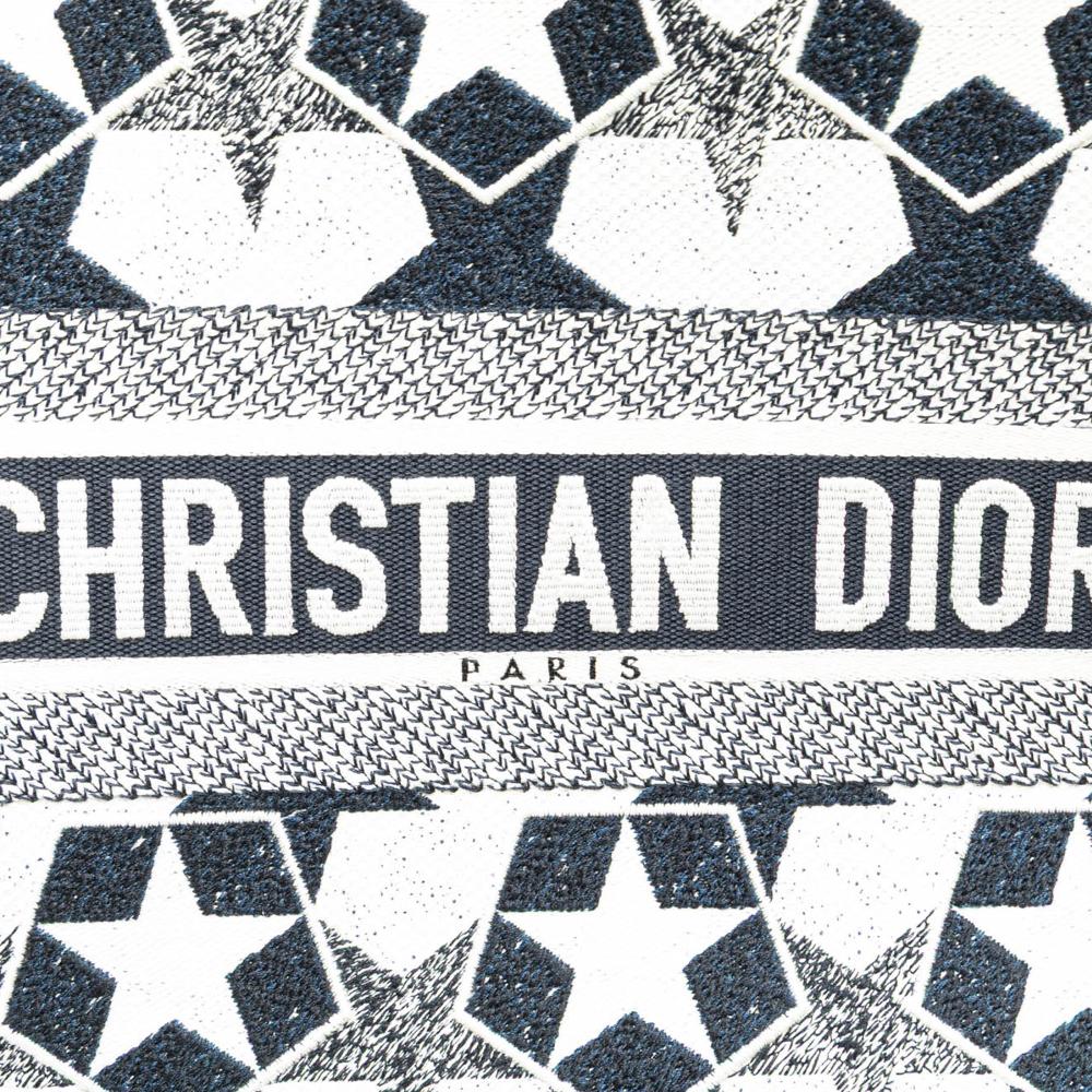 Christian Dior AB Dior Blue Navy Canvas Fabric Large Embroidered Lucky Star Book Tote Italy